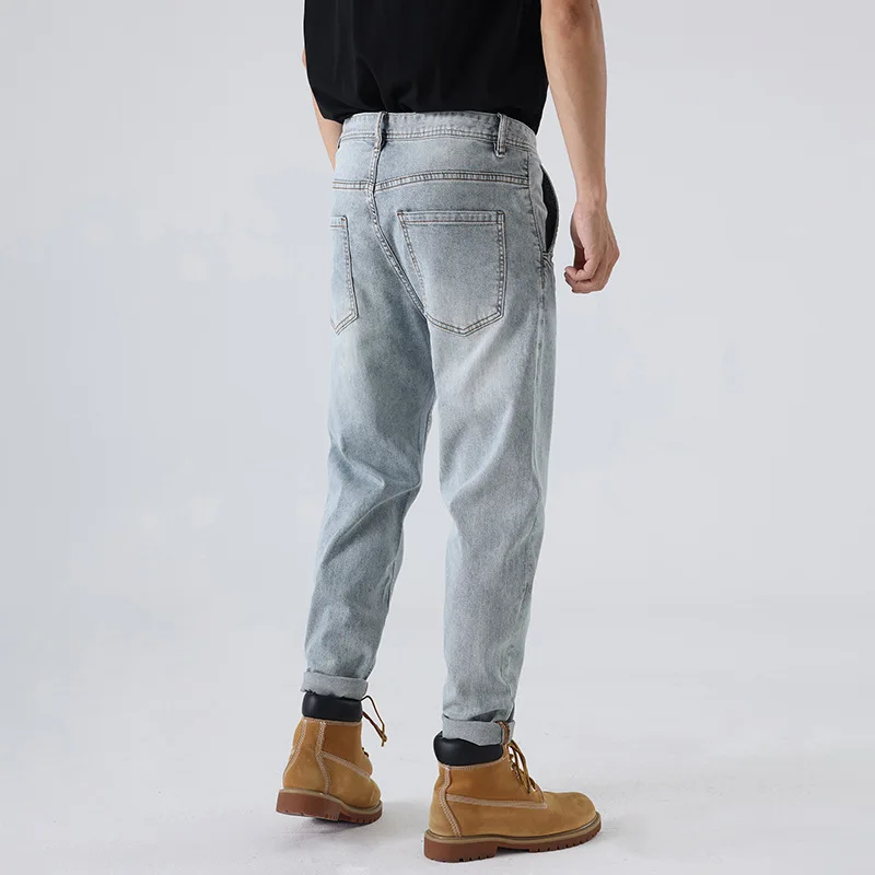 High quality long straight jeans for men big size stretch fabric stone denim casual trousers new 2024 clothing - light blue