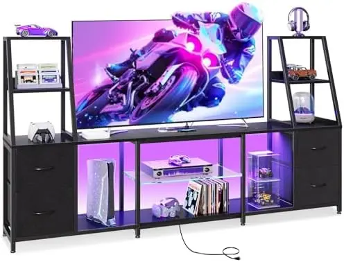 LED TV Stand for 50–65 Inch TVs with Power Outlets & RGB Ligths, Gaming Entertainment Center with 4 Drawers & Storage
