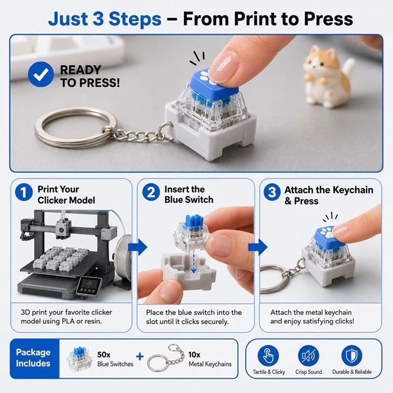 DT21 50PCS Blue Clicky Mechanical Keyboard Switches 3 Pin MX Style with 10 Keychains for 3D Printed Fidget