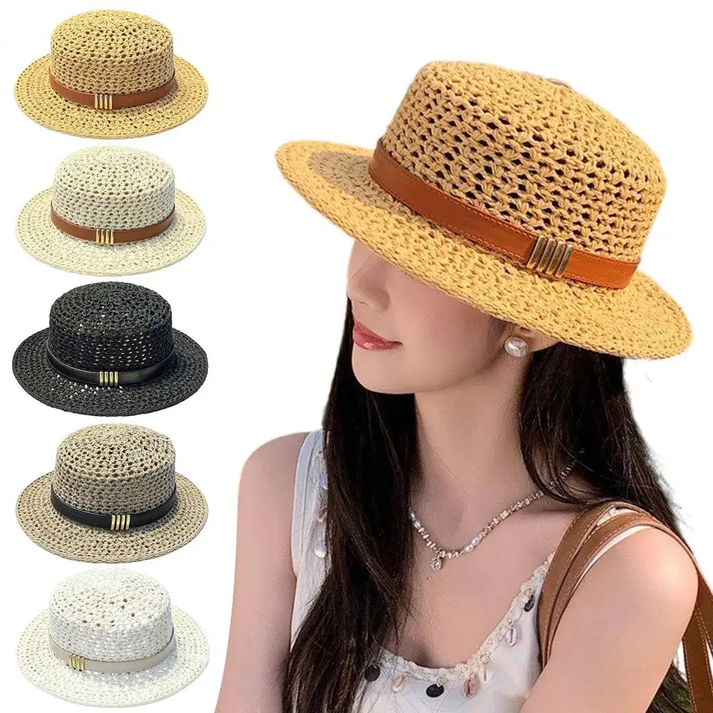 Uv Protection Hat Wide Brim Hat Flat Top Knitted Straw Hat with Imitation Leather Strap Wide Brim Sun Protection Breathable