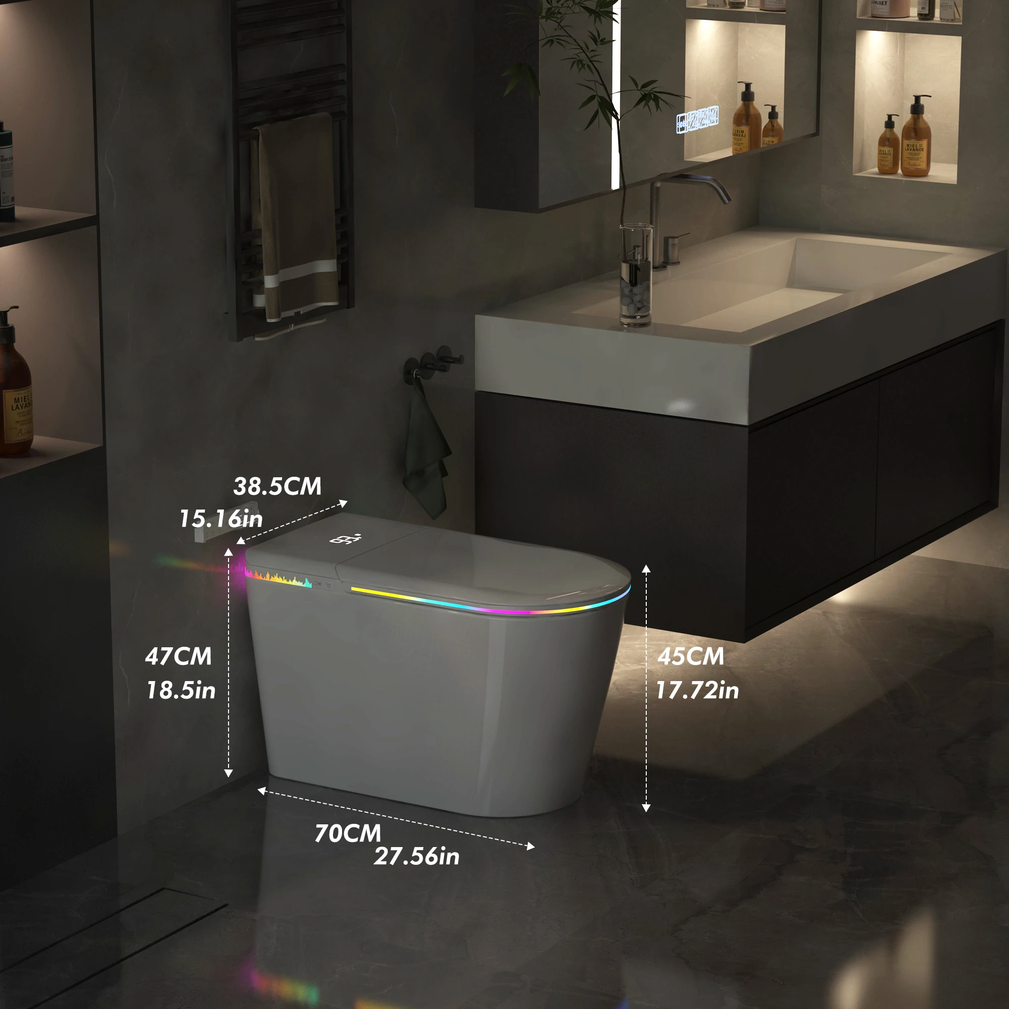 مقعد مرحاض بيديت ذكي - مقعد ساخن، ماء قابل للتعديل، فوهة تنظيف ذاتية، غطاء تلقائي، مجفف هواء دافئ، شاشة LED وجهاز تحكم عن بعد