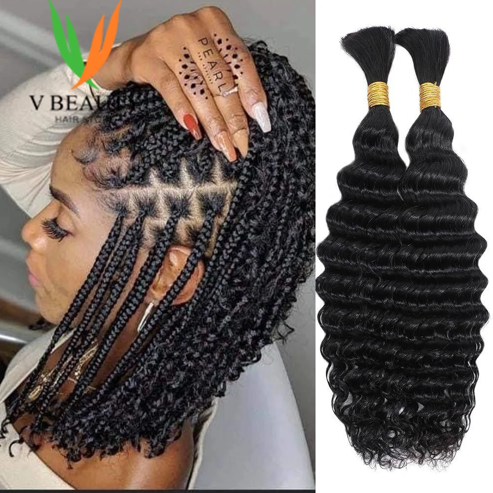 

V Beauty Hair Bulk for Boho Braids Людское плетение волос без утка Глубокая волна Натуральный цвет Пучки волос для плетения бразильских волос