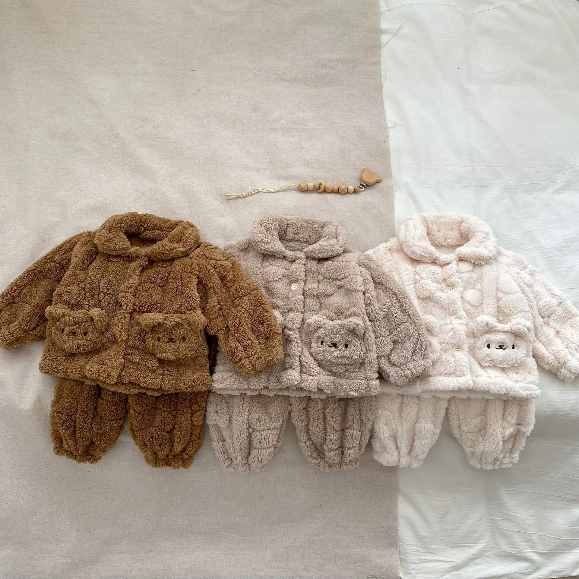 2024 Winter New Baby Home Clothes Set Plus Velvet Thick Girls Cute Bear Plush Coat Infant 2pcs Suit Toddler Warm Pajamas Outfits