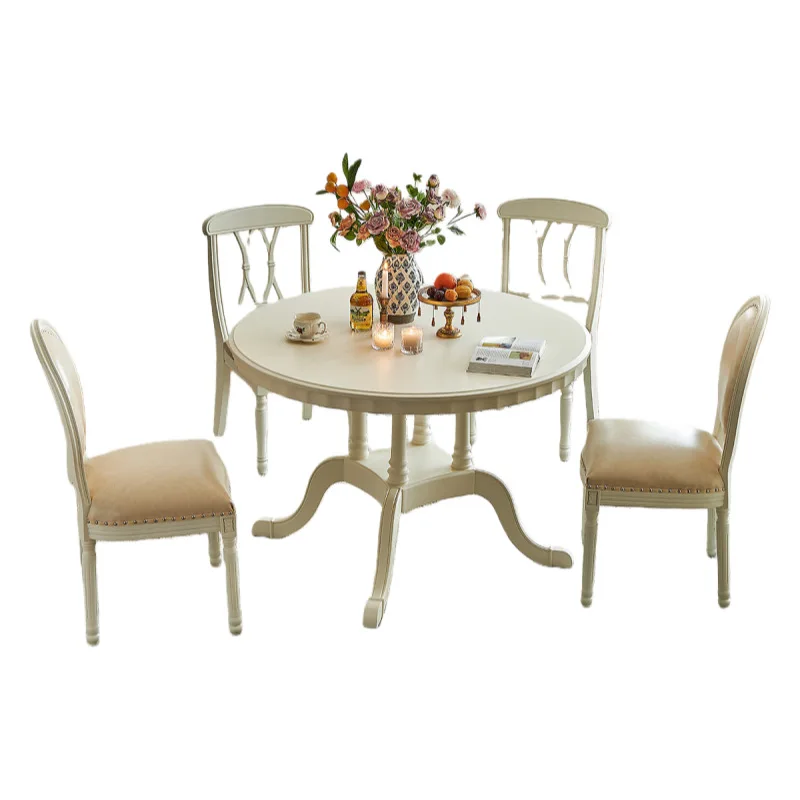 

Круглый обеденный стол из цельного дерева во французском кремовом стиле, белый круглый, 1,2 метра, бытовой обеденный стол, бревенчатый обеденный стол и стулья