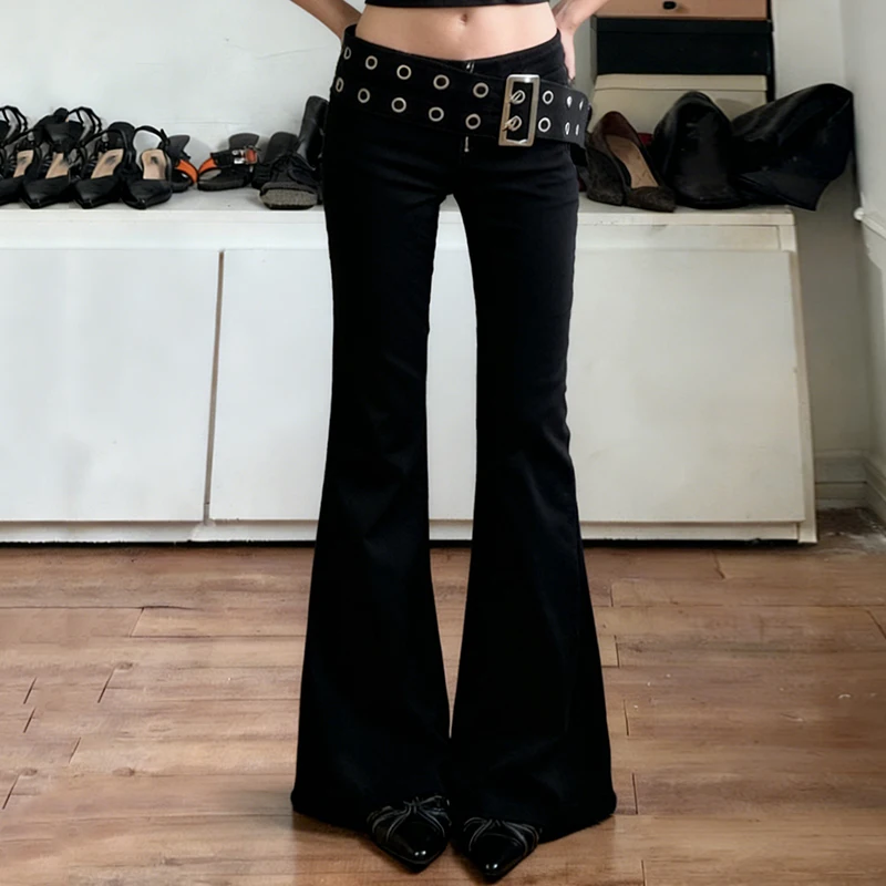 Women's Black Flared Jeans Eyelet Buckle Belt Low Waisted Pants Y2K Retro Punk Style Sexy Slim-Fitting Denim Trousers 2025 Lady
