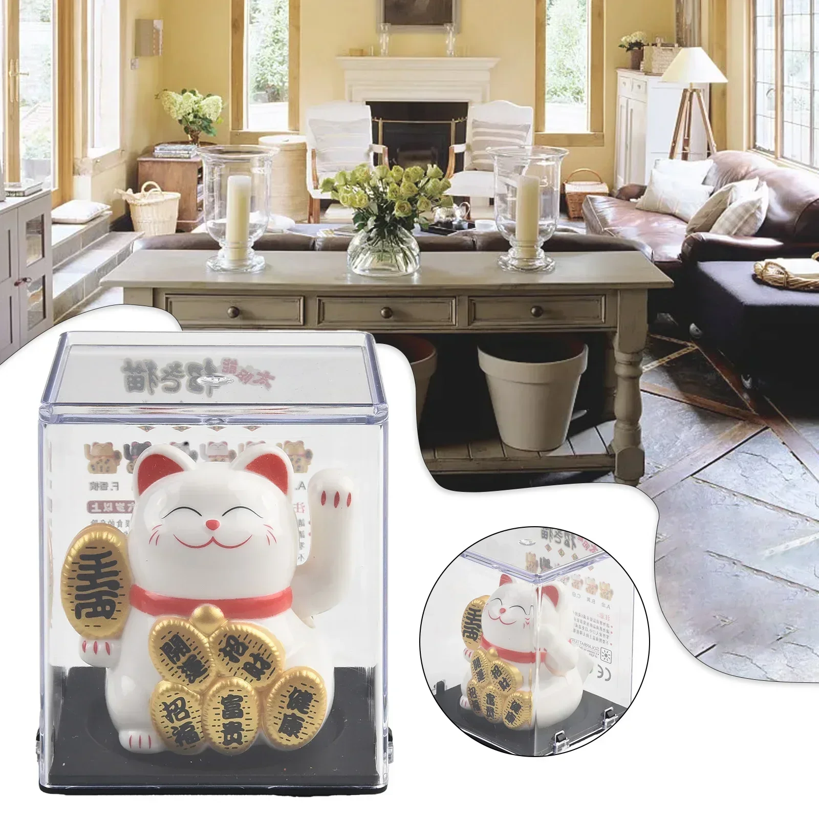 Solar Powered Maneki Neko Lucky Cat Welcoming Chinese Lucky Cat Waving Hand Beckoning Fortune Cat Figurines For Home Decor