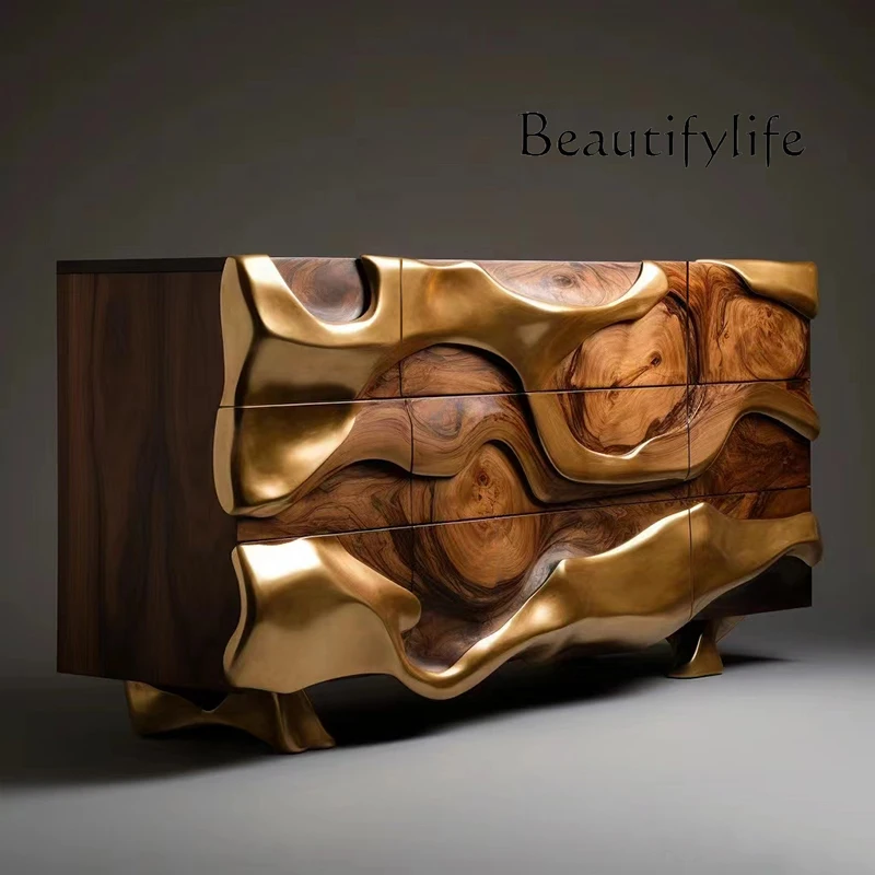 

Designer Creative Entrance Cabinet Solid Wood Retro Bucket Cabinet Walnut High-end Storage Decorative Side Cabinet