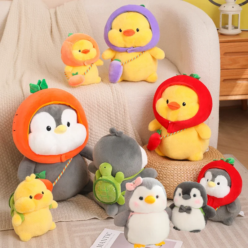 

Creative Vegetable Headgear Penguin Plush Toy Kawaii Stuffed Animal Cartoon Duck Wear Turtle Backpack Doll for Girl Lovers Gifts