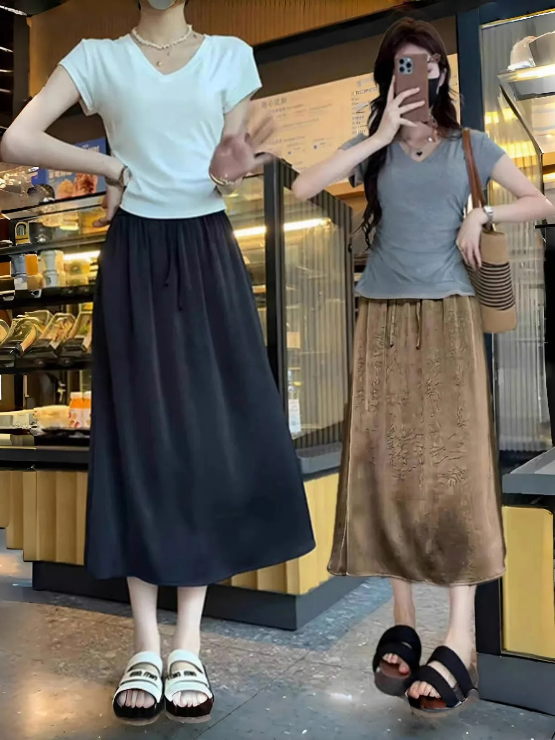 

plus Size Women's Summer Thin A-Line Skirt Casual High Waist Satin Half-length Skirt Korean Style Commute Shape