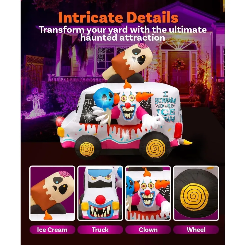 شاحنة آيس كريم قابلة للنفخ للهالوين بتصميم مهرج و8 مصابيح LED للديكور الداخلي #3