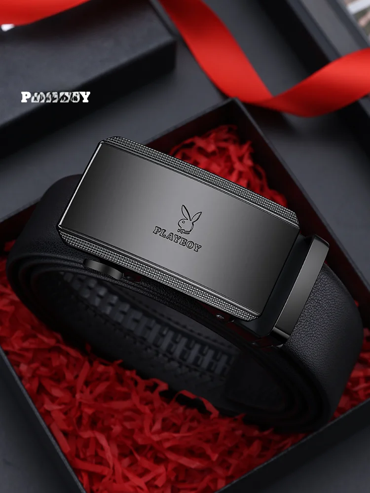 プレイボーイ-メンズ-レザーベルト-本物の牛革-自動バックル-カジュアル-ブラックレザー-レジャーウエストベルト-男性用-ファッショナブル