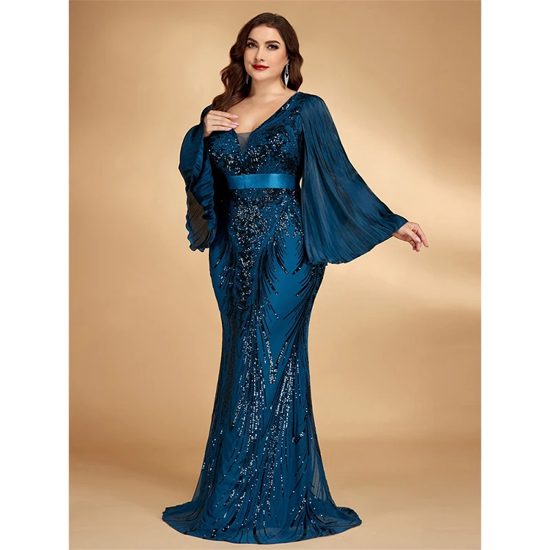 Big Size 4XL Women Vestido De Festa Flare Sleeve V Neck Blue Sequined Evening Party Cocktail Prom Long Dress - view 4
