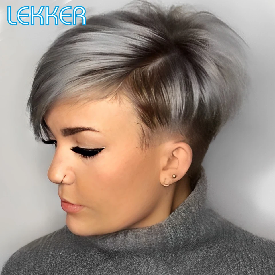 

Lekker Silver Grey Short Pixie Cut Straight Bob Part Lace Human Hair Wigs For Women Brazilian Remy Hair Glueless Colored Wigs