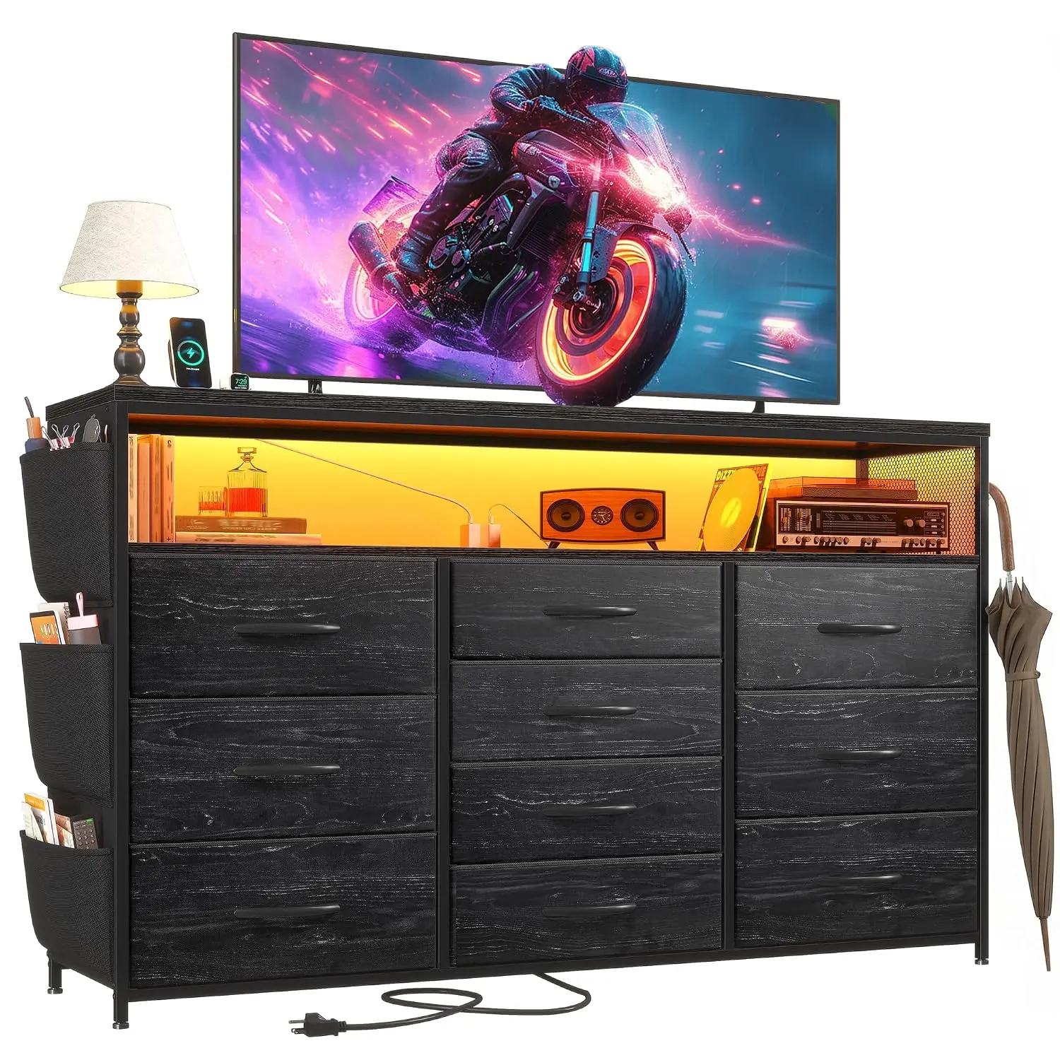Dresser with 10 Drawers, LED TV Stand for 55