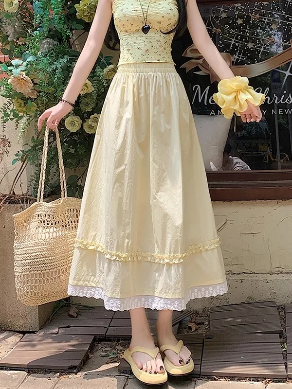 

Желтая женская юбка А-силуэта с высокой талией из полиэстера, новинка лета 2025, с кружевными вставками в клетку, расклешенная юбка-солнце