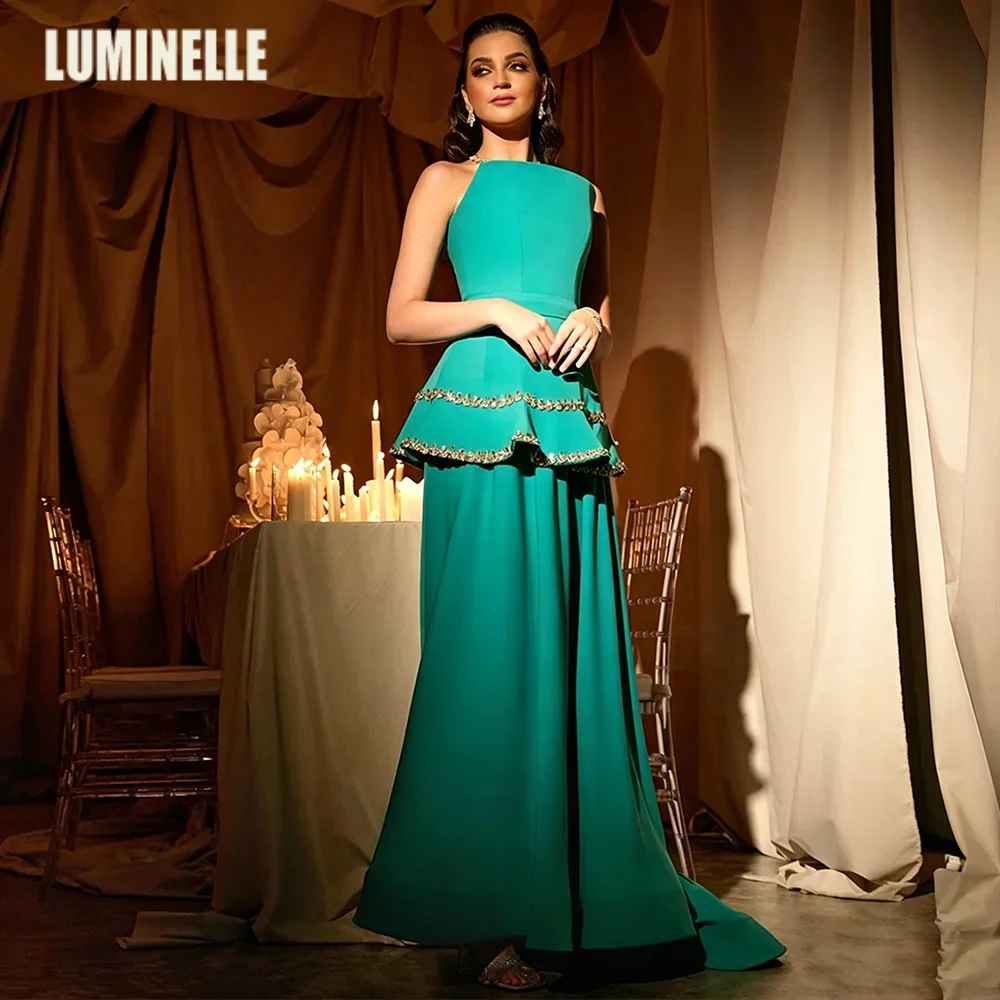Green Evening Dress Crystals Customized Peplum Occasion Dresses Strapless Sleeveless Sweep Train A Line Corset Saudi Prom Gown