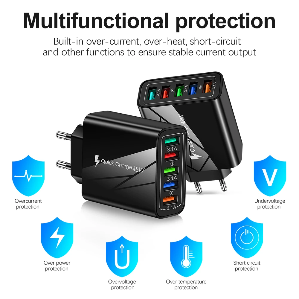 EU/US Plug USB Charger 48W QC 3.0 Fast Charge For Phone Adapter For iPhone 13 Pro Max Sumsung Xiaomi Tablet Wall Mobile Charger