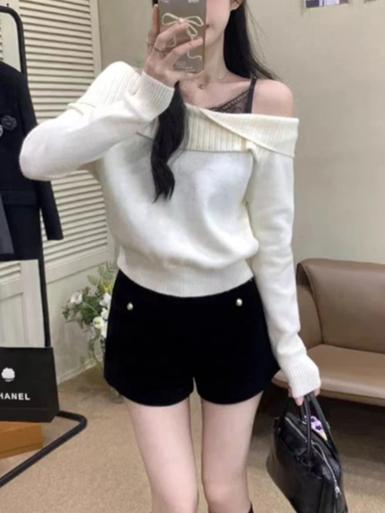 مثير الدانتيل oulder واحد بكتف واحد محبوك سترة المرأة Faionable الخريف أعلى تصميم الإحساس فريد ulari ملابس علوية #3