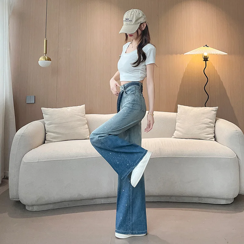 Gradient-colored Rhinestone-studded Straight-cut Jeans for Women, 2026 Summer Thin Style Drawstring High Waist Slimming Draping