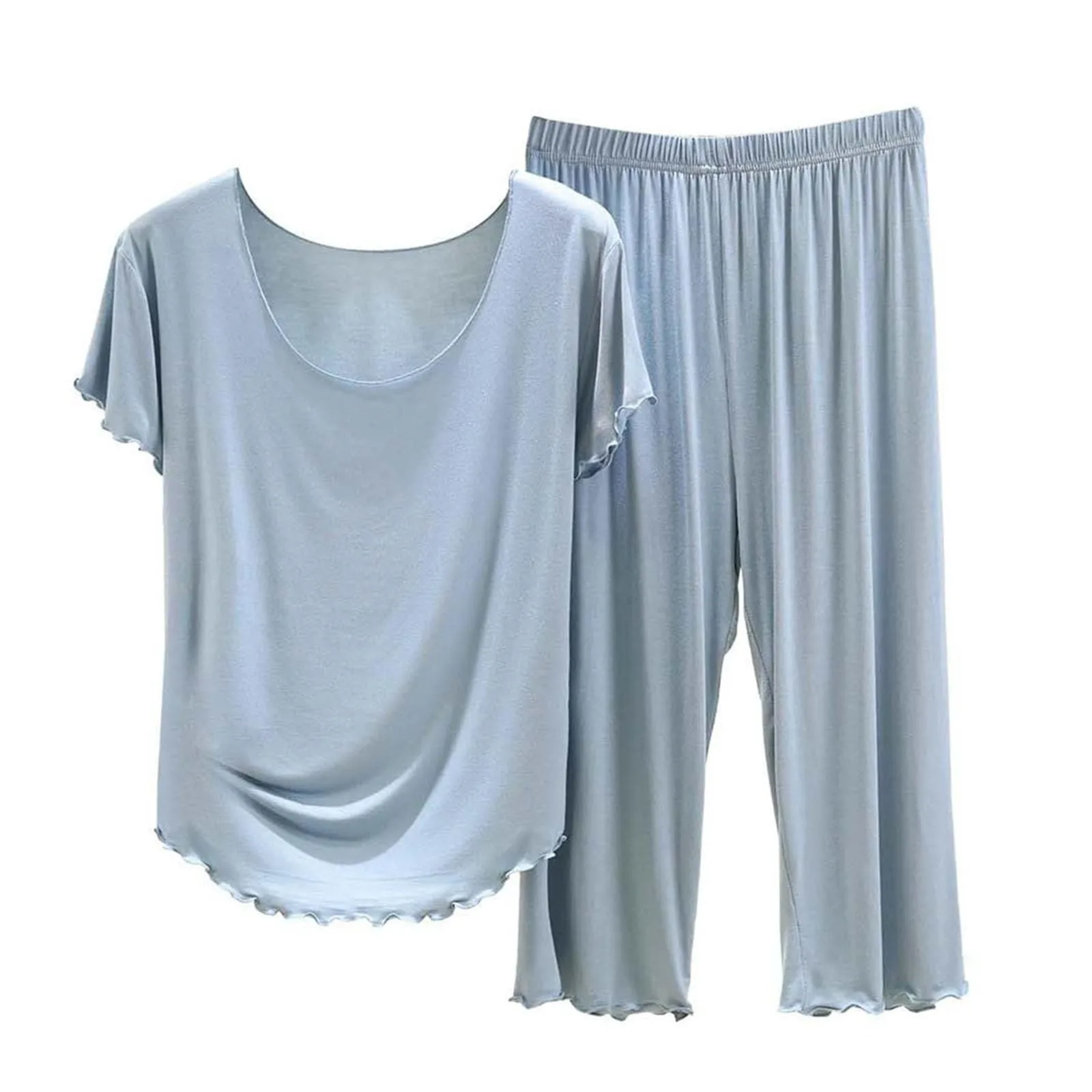 

Women's Fashion Solid Color Home Pajamas Suit Short-Sleeved and Pants Simple Lazy Style Soft Lightweight Leisure Wear