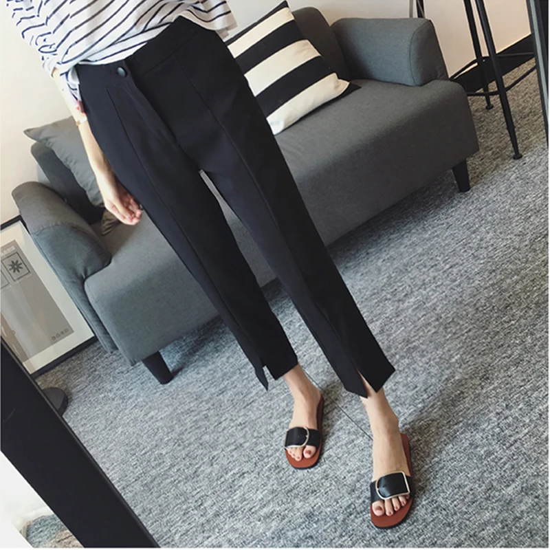 Black Crop Pants Loose Casual Harlan Pants High Waist Split Straight Leg Pants Women\'s Summer New Style