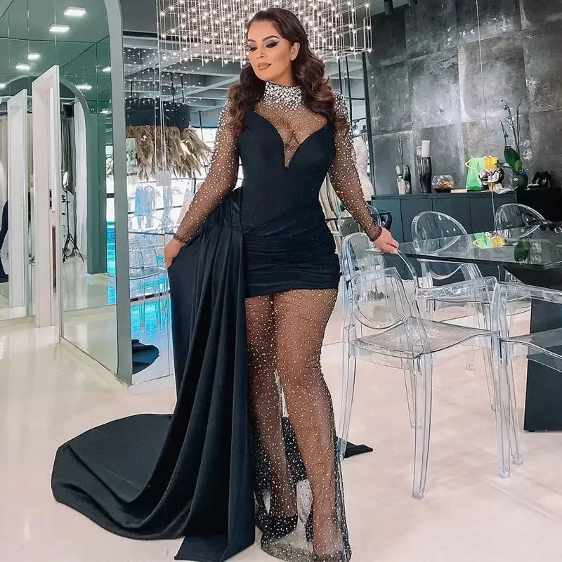 Sexy Crystal Mimi Prom Dresses Beaded Neck Full Sleeve Celebrity Gown with Detachable Train See Through Skirt Pageant Robes