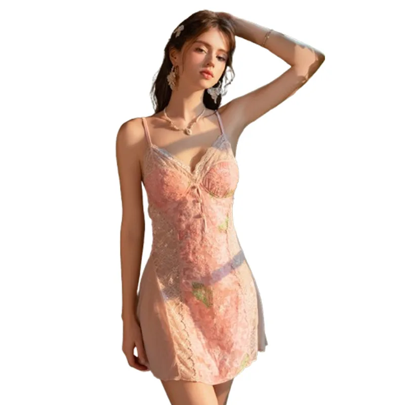 섹시한 백리스 쉬폰 벨벳 패치워크 레이스, 가슴 쿠션 포함, 서스펜더, 나이트가운, 아우터웨어, 홈 세트