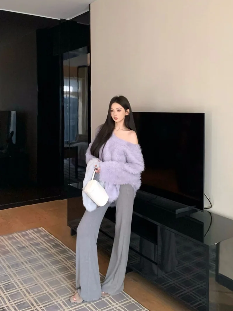 

Harajuku искусственный норковый меховой фиолетовый свитер для женщин, пуловеры с перьями на одно плечо, свитер, зимние шикарные джемперы, теплые рубашки