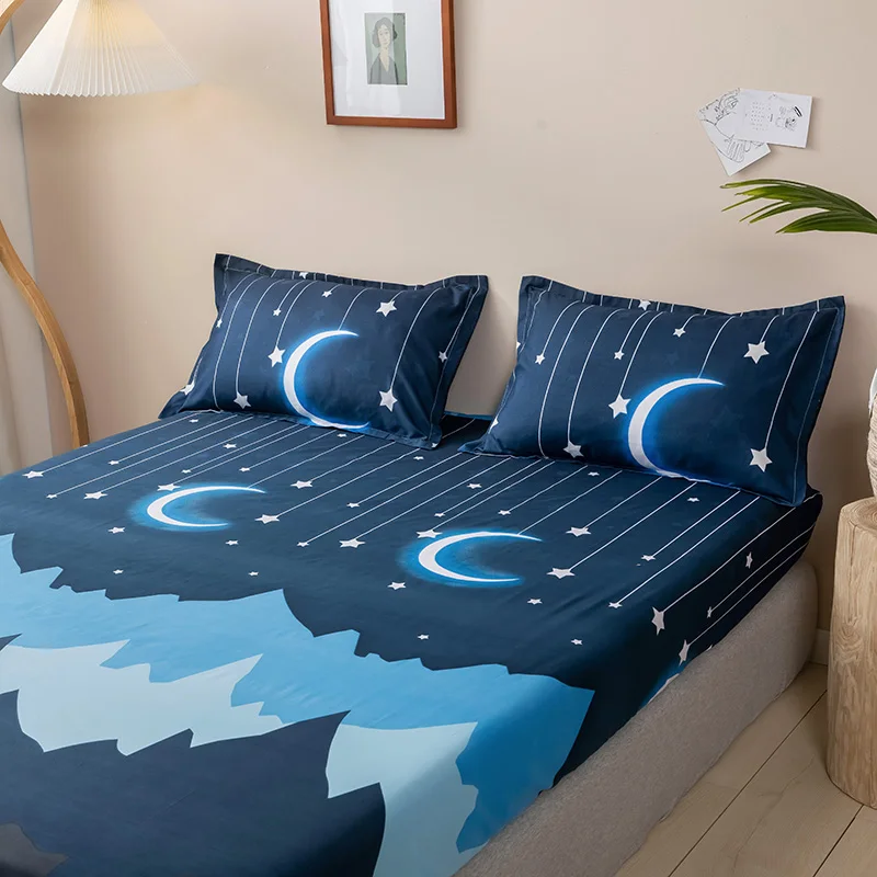 1pc Fitted Sheet Summer Mattress Cover With Elastic Rubber Band Bed Linens Moon Blue Bedclothes Bedspread Home Textile 120*200