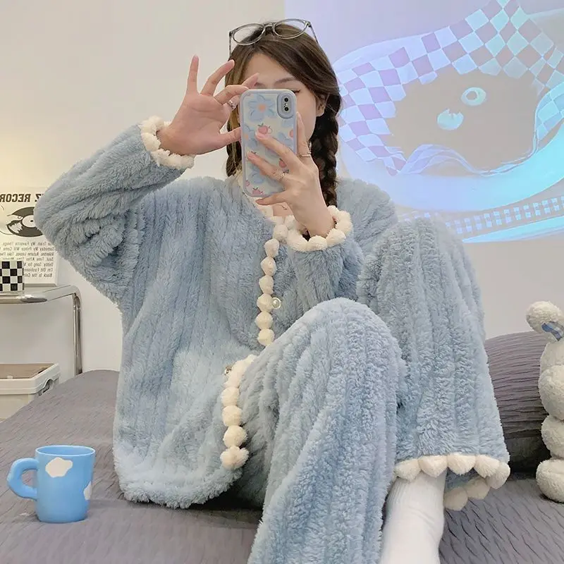 Flannel Pajama Sets Women Autumn Winter Long Sleeve Cardigans Ins Sweets Warm Pants Button-up Lounge Wear Simple Contrast Color