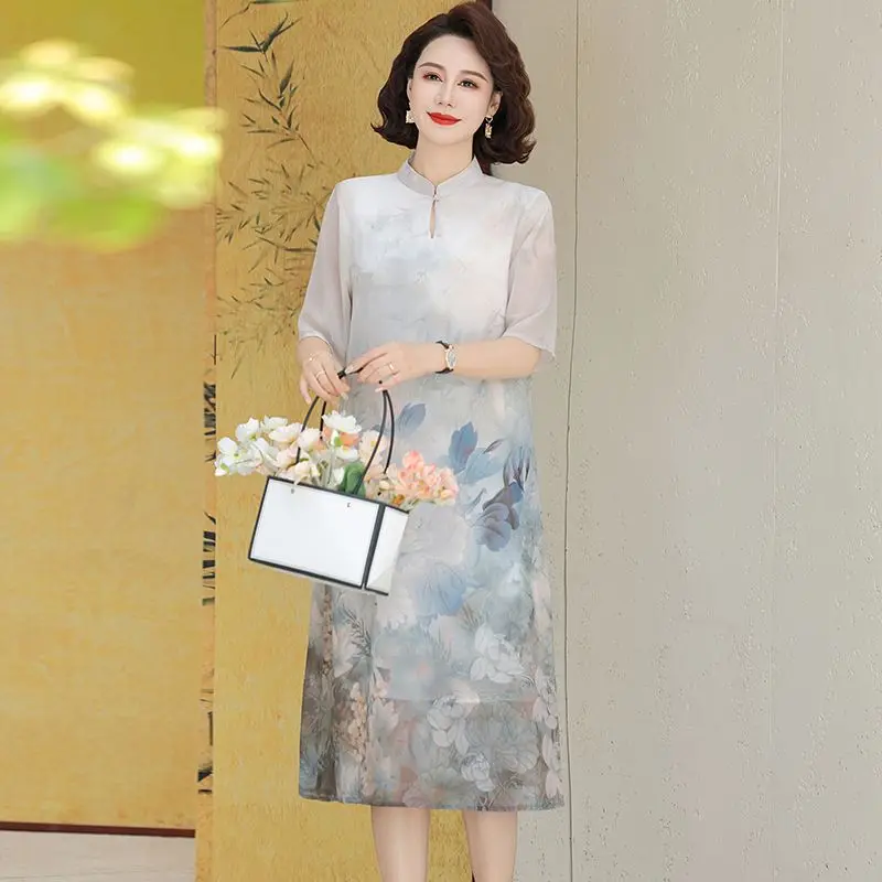 

Spring Floral Print Round Neck Dress Women Slim Loose A-Line Long Dress Summer Short Sleeve Beach Maxi Dress Chinese Style S660