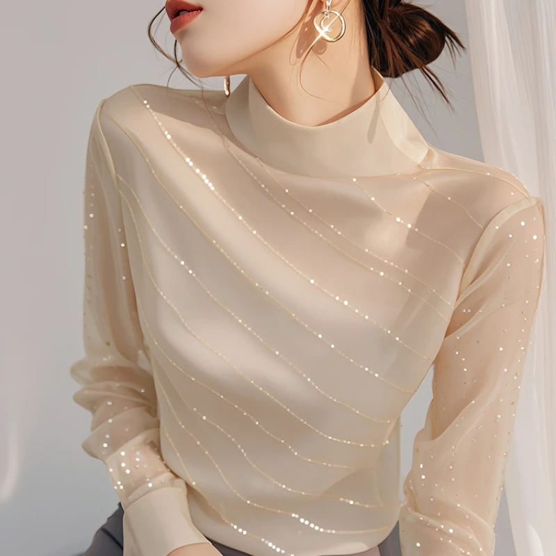 Autumn Winter New Fashion Half High Collar Long Sleeve Solid Bottoming Shirt Women\'s Clothing Sequined Korean All-match Chic Top