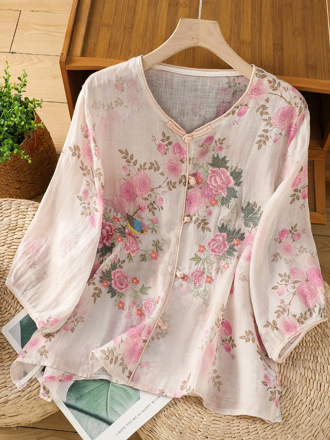 

Женская летняя легкая дышащая рубашка Ele из конопляной ткани с вышивкой, на пуговицах, винтажная, свободного кроя, с цветочным принтом