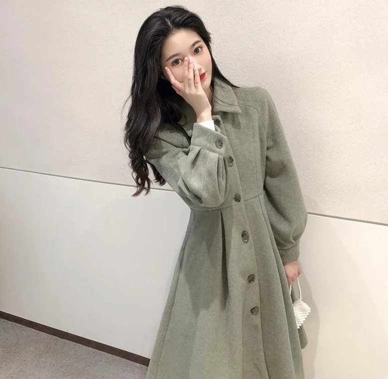 여성용 빈티지 모직 코트, 우아한 플리츠 롱 코트, 여성용 스위트 랜턴 소매 재킷, 가을, 겨울, 신상, 2023