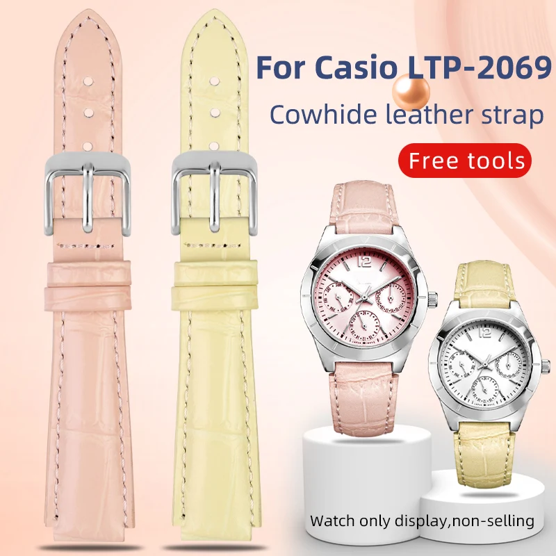 Correa de cuero de 14mm para Casio LTP-2069 LTP-2069L-4A/7A2/7A1 LTP-V007 V300 VT01 pulsera de reloj de piel de vaca para mujer