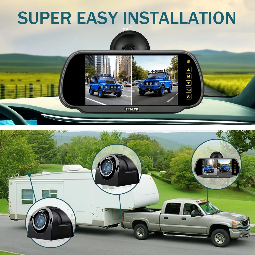 AHD Backup Camera DVR System 7 Inch Car Monitor 2 Channel IR Night Vision Recording Rear View Kit for Truck RV Bus Van Trailer