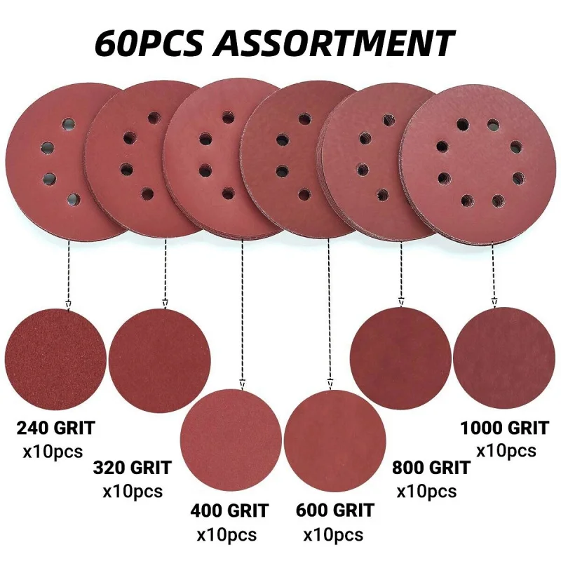 60pcs-set 30sets-carton 5-Inch Sanding Discs 240-1000 Grit Hook Loop 8-Hole Orbital Sander Paper Pad Abrasive Tools Category