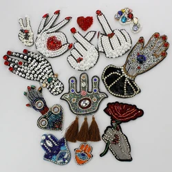 2PCS Bead Rhinestones Rock Roll Finger Gesture Hand Heart Patch Punk Style Poker Applique Sewing Dress Bag Shoes Accessories