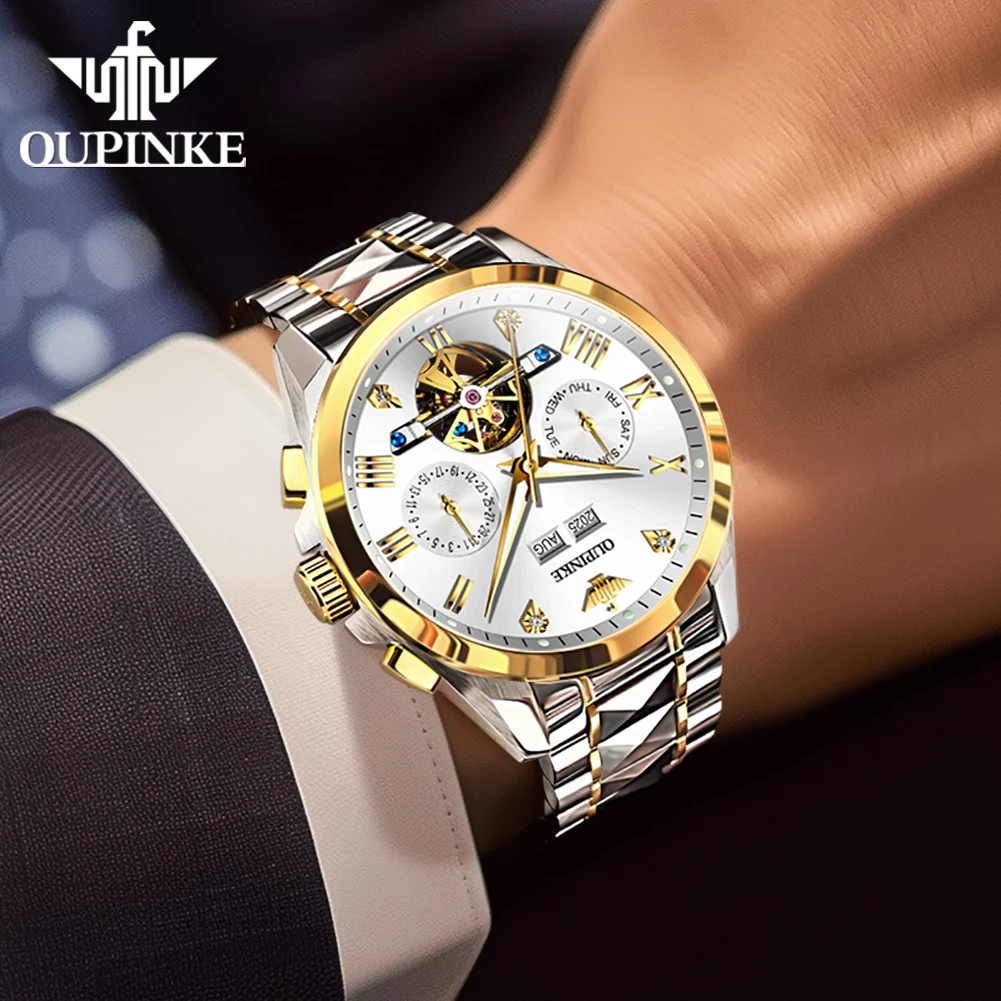 ساعات رجالية من OUPINKE 3240 من أفضل العلامات التجارية للأعمال من الفولاذ التنغستن ساعة ميكانيكية أوتوماتيكية أصلية للرجال بتقويم كامل
