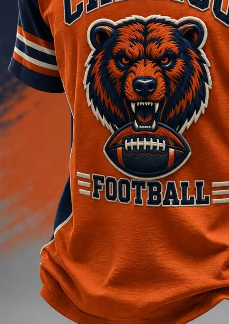 Retro fan-shaped Raglan short-sleeve T-shirt, 3D print, bear head soccer design, navy blue with orange and white striped cuffs,