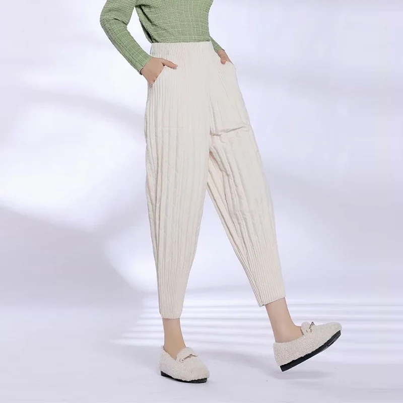 Pleated autumn winter thick cropped Harlan pants loose casual pants for women's new elastic waist tapered pants