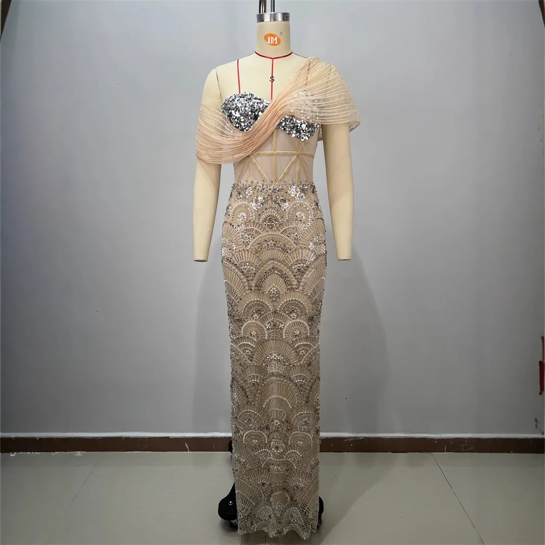 High-defn sexy transparente lantejoulas bordado longo dr vestido de noite estação independente ele noite dr