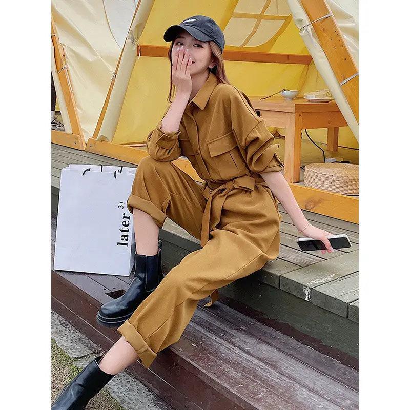 

2023New Spring Simplicity Lacing Solid Color Turn-down Collar High Waist Cargo Women Clothes Office Lady Pocket One-piece Capris