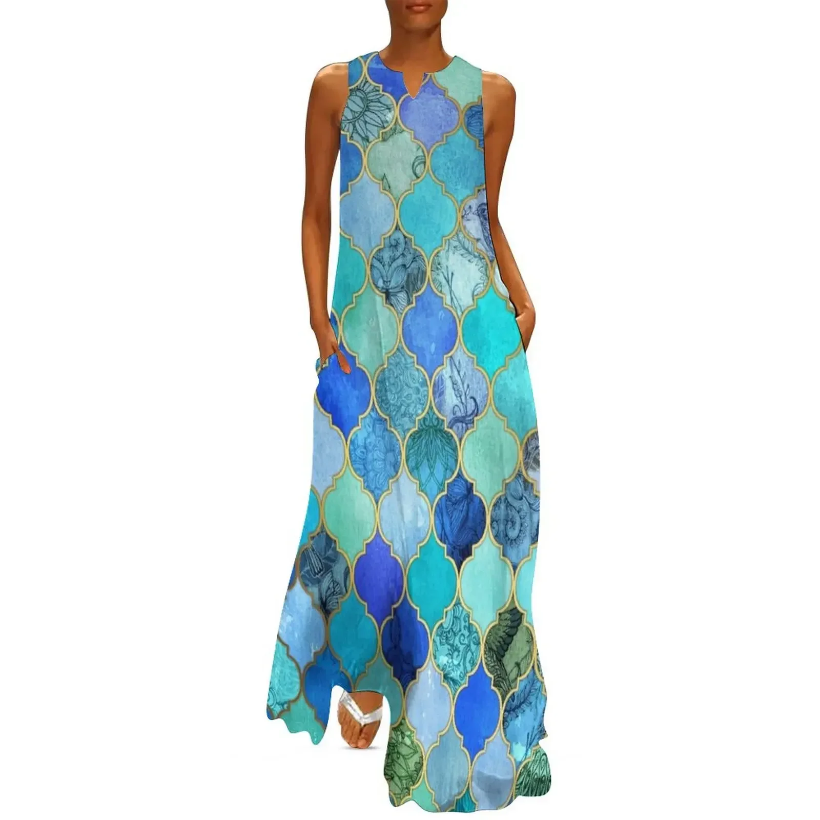

Cobalt Blue, Aqua & Gold Decorative Moroccan Tile Pattern Long Dress women long dresses Dress
