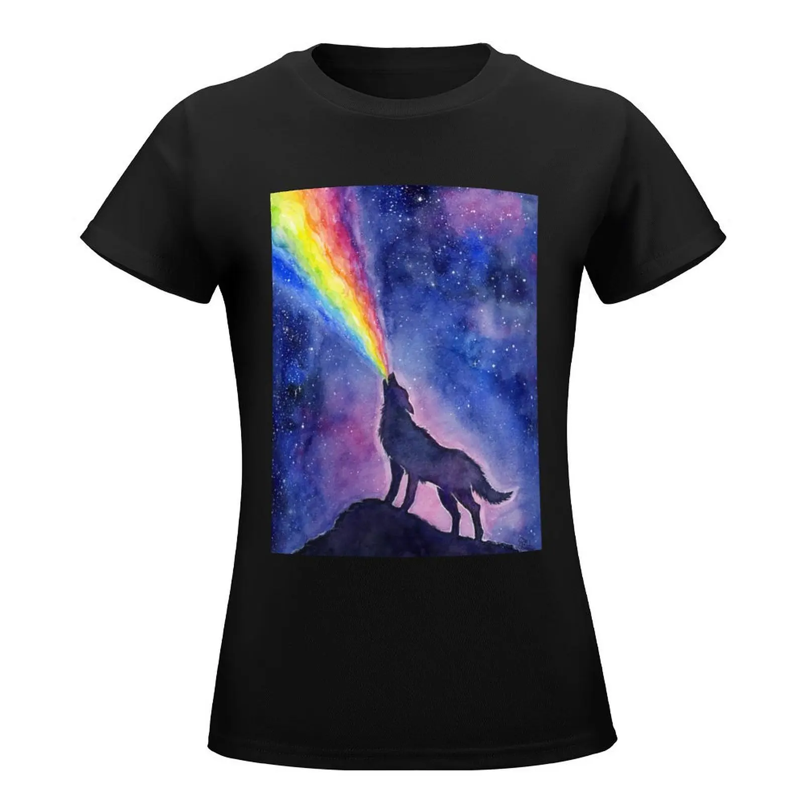 Wolf Howling Rainbow in Space T-Shirt animal print shirt for girls funny tops for Women