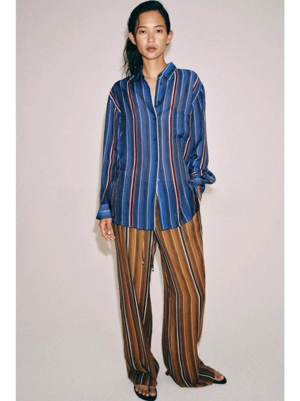 Summer Women's Elastic Waist Mid-Rise Striped Sleepwear Wide Leg Pants Casual French Style Polyester Fiber Straight Cut Trousers
