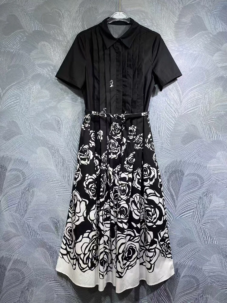 Heavy craft plunging lapel strap waist vintage printed short sleeve dress 2025 spring women's new fashion A word pompadour skirt