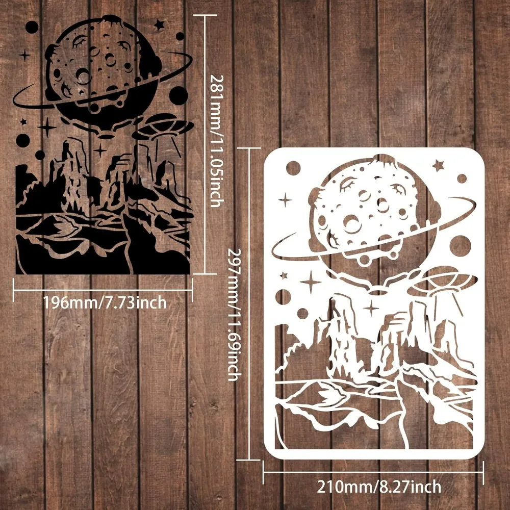 Moon Stencils 11.7x8.3 inch Plastic Space Moon Star Drawing Painting Stencils Planet Sand Pile UFO Pattern Stencils Reusable