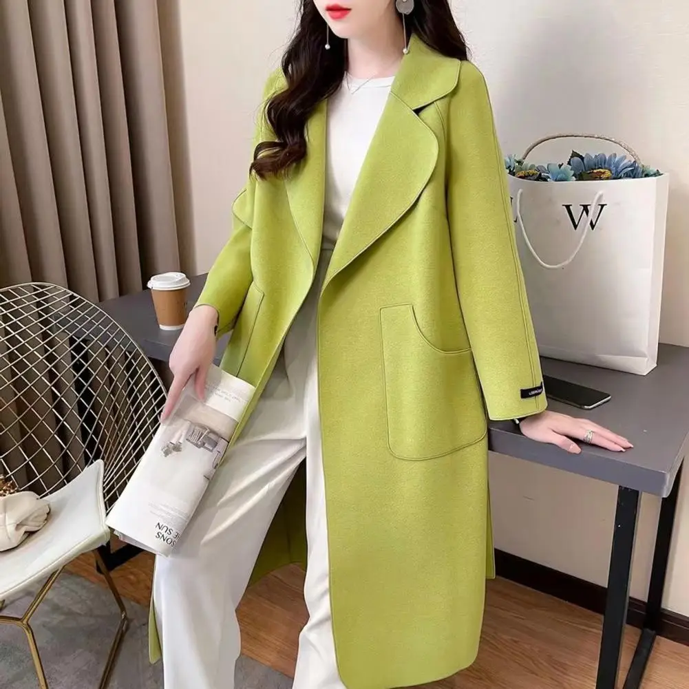 Fall Winter Women Jacket Overcoat Open Stitch Pockets Korean Jacket Loose Mid Length Thick Lady Mid-calf Long Jacket Coat