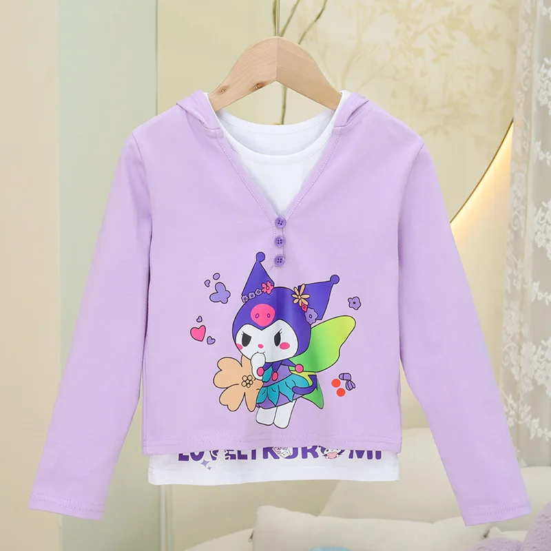 Sanrio Girls Autumn T-Shirt Long Sleeve Pants Set Pure Cotton Hooded Vest Three-Piece Set Cartoon Kuromi New Girls Clothing